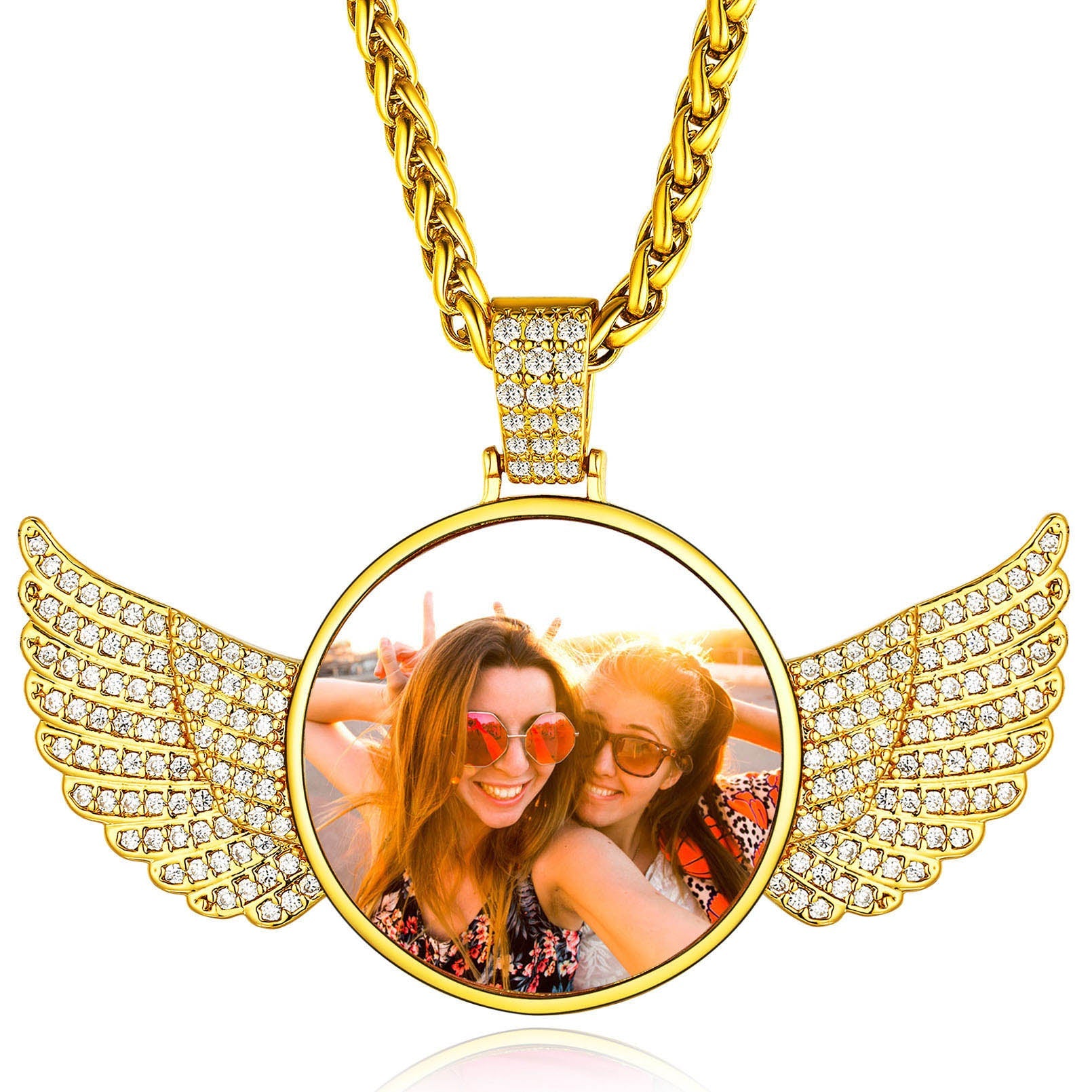 Collier Personnalisé avec Ailes d'Ange et Photo pour Femmes et Hommes Or