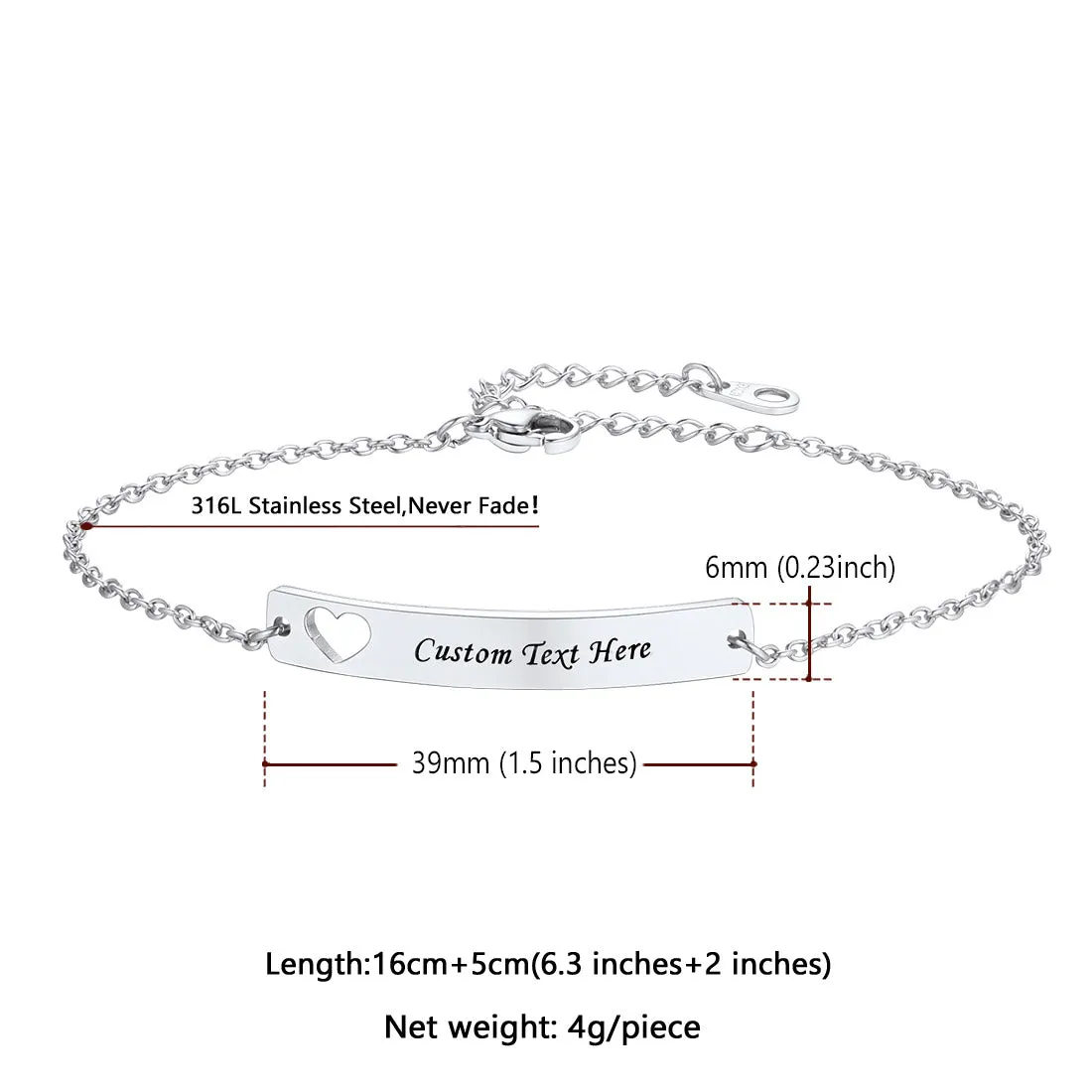 Bracelet Personnalisé avec Barre Nominale pour Hommes et Femmes Taille