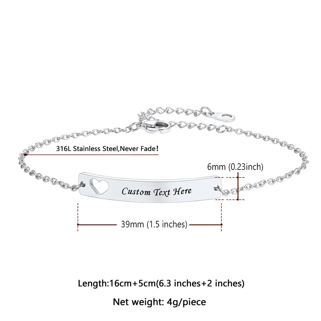 Bracelet Personnalisé avec Barre Nominale pour Hommes et Femmes Taille