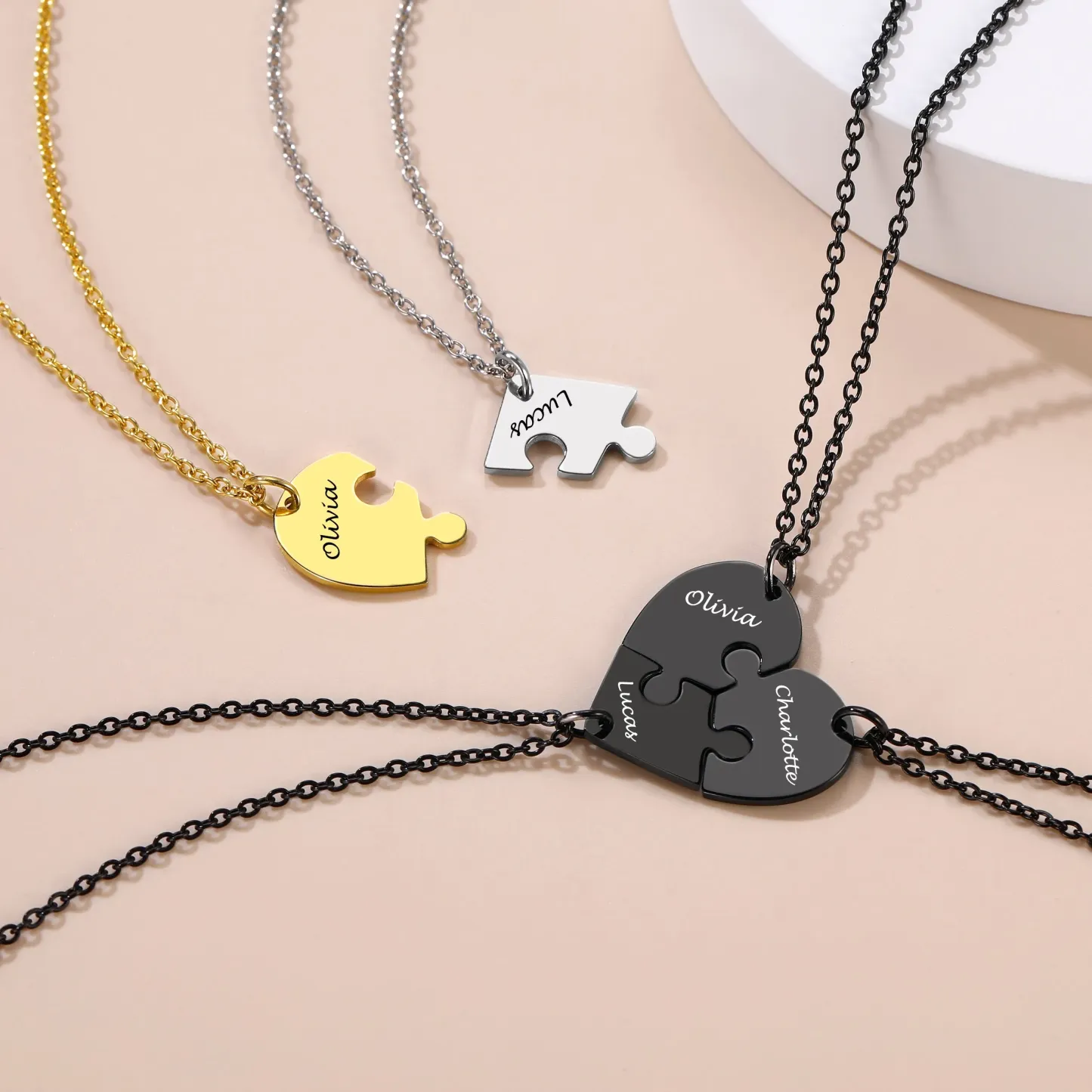 Colliers Personnalisés avec 3 Pièces de Puzzle en Forme de Cœur 