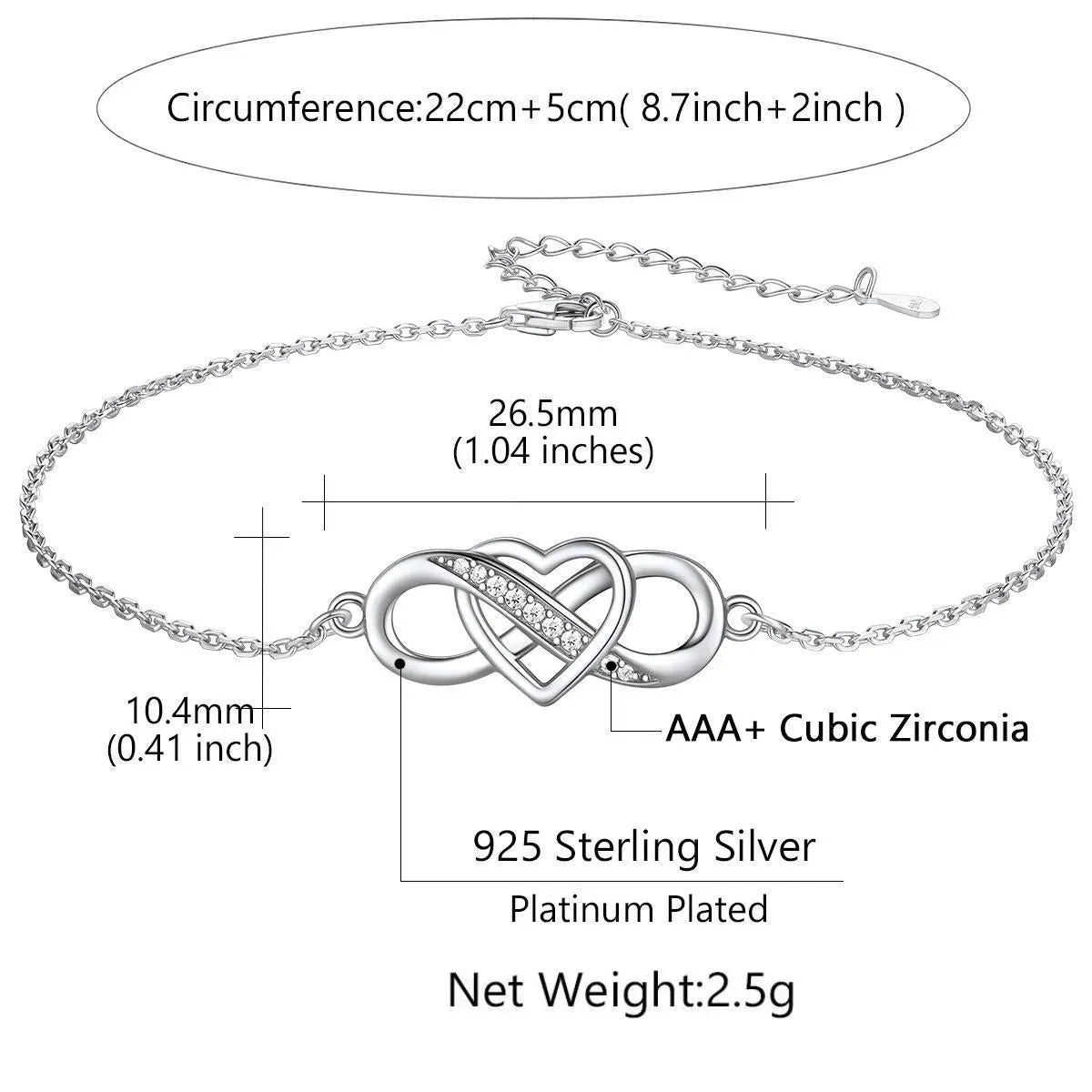 Bracelet de Cheville Cœur Infini en Argent Sterling pour Femme Taille