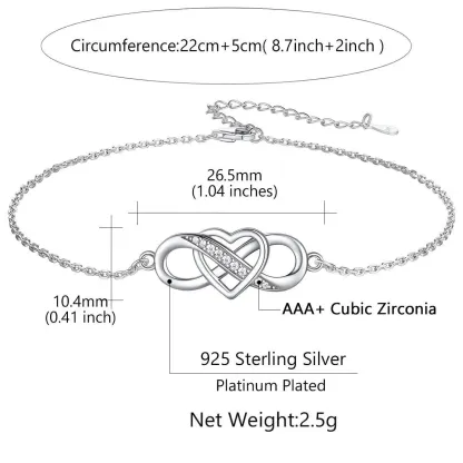 Bracelet de Cheville Cœur Infini en Argent Sterling pour Femme Taille