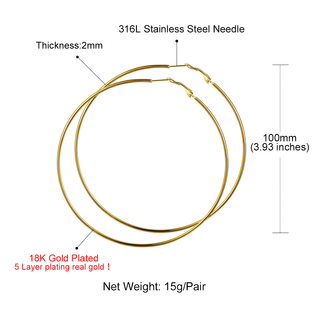 Créoles Larges et Légeres en Acier Inoxydable pour Femmes Taille 100mm