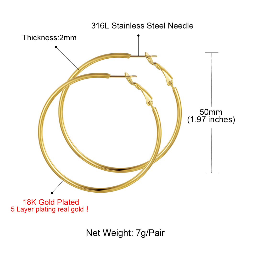 Créoles Larges et Légeres en Acier Inoxydable pour Femmes Taille 50mm