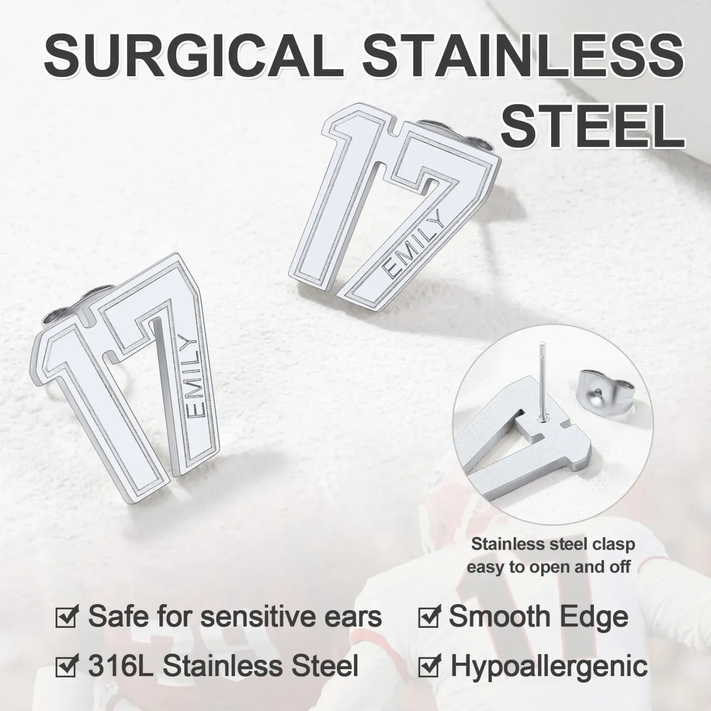 Boucles d’Oreilles Clous Personnalisées avec Nom et Numéro de Sport Détail Argenté