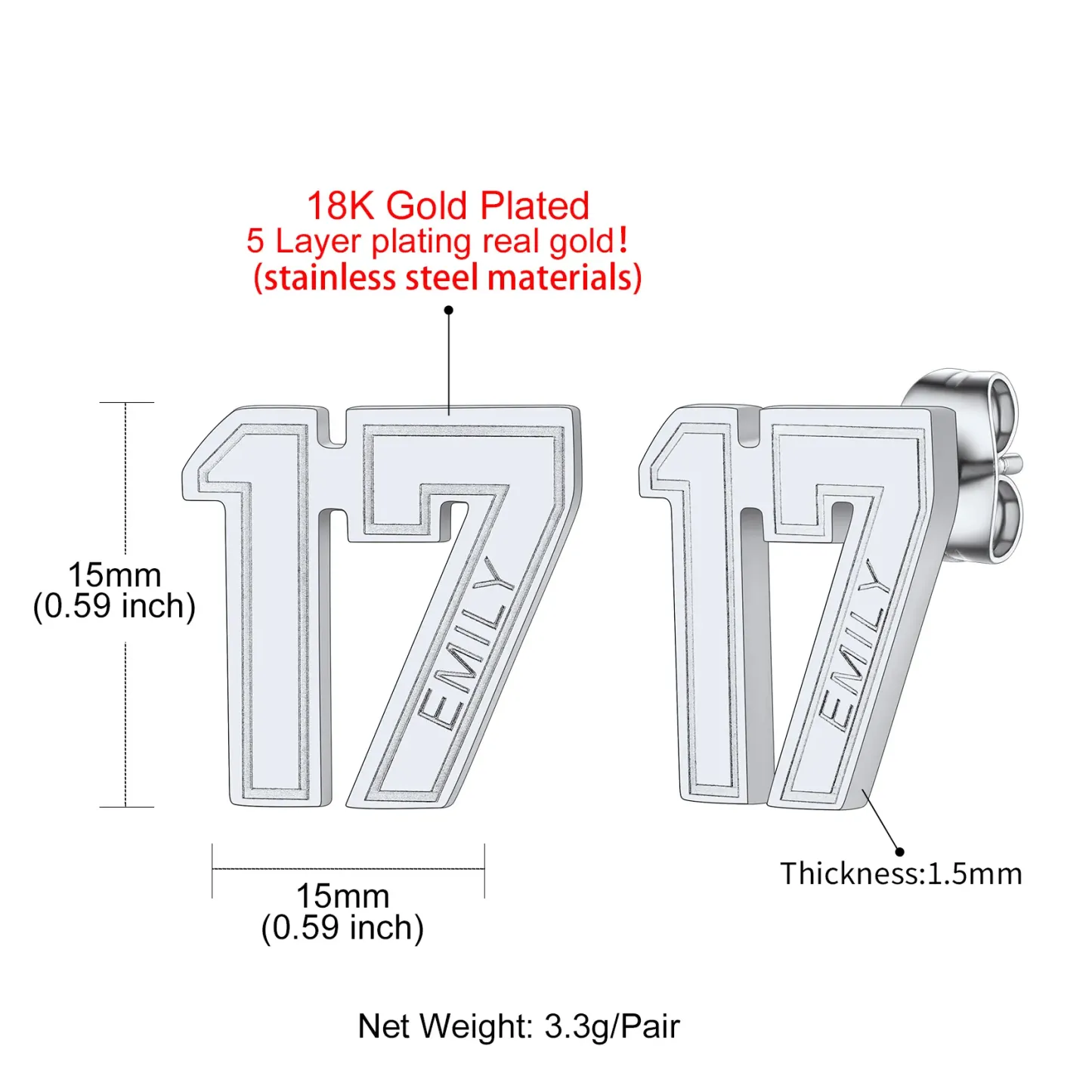 Boucles d’Oreilles Clous Personnalisées avec Nom et Numéro de Sport Taille