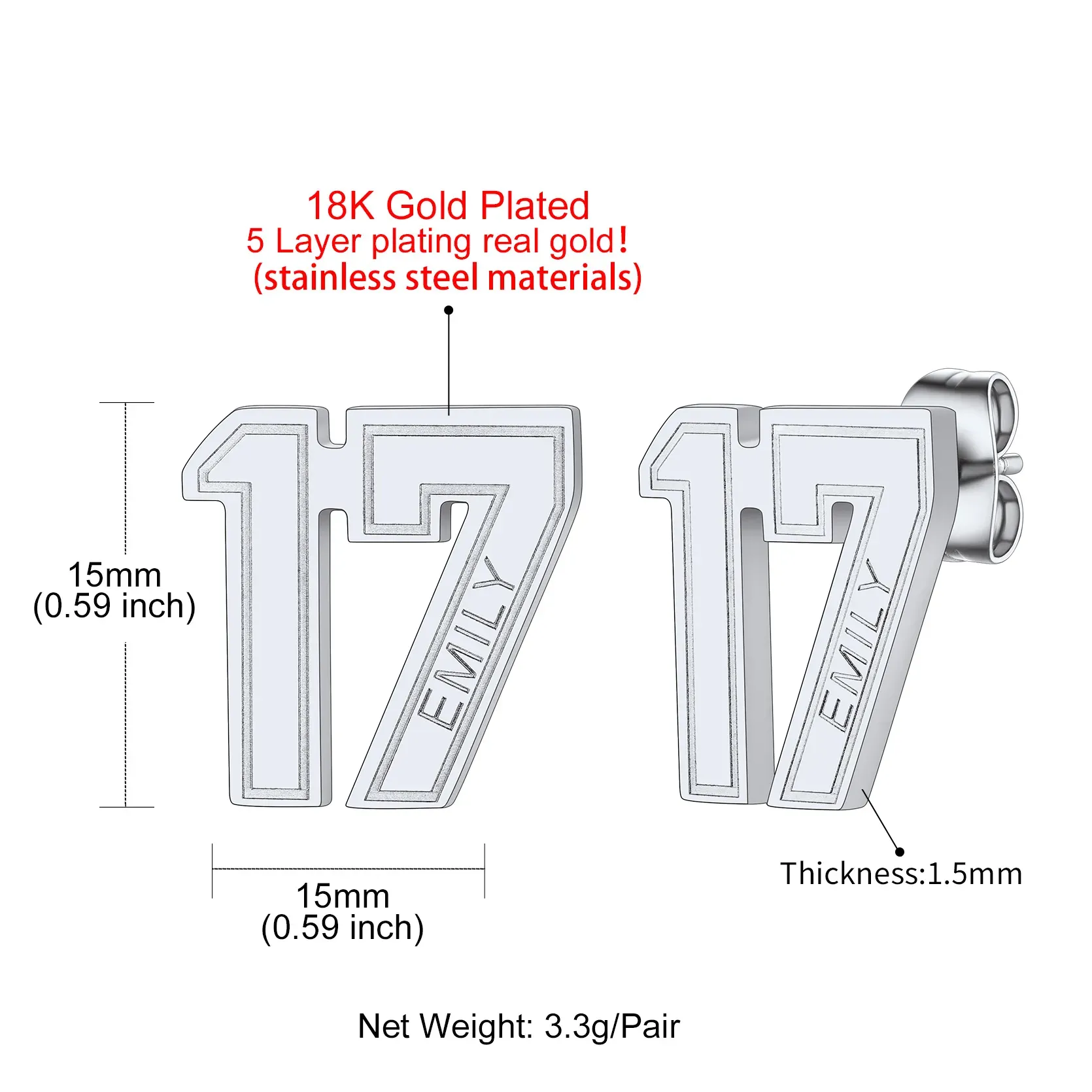 Boucles d’Oreilles Clous Personnalisées avec Nom et Numéro de Sport Taille