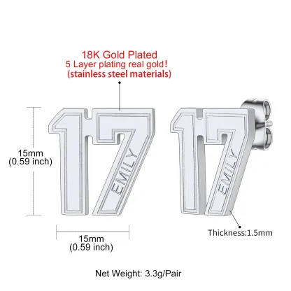 Boucles d’Oreilles Clous Personnalisées avec Nom et Numéro de Sport Taille