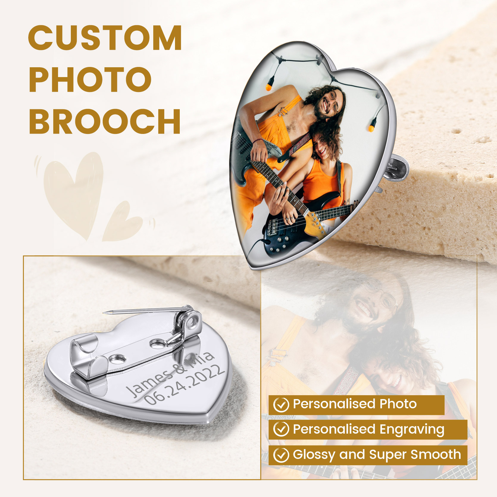 Épingles à Broche Cœur Personnalisées avec Photo pour Bouquet de Mariage Détail