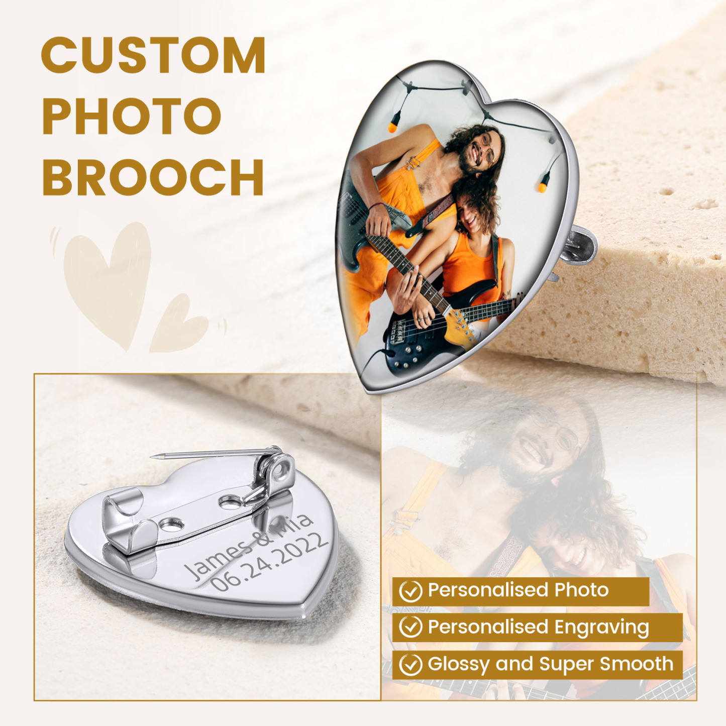 Épingles à Broche Cœur Personnalisées avec Photo pour Bouquet de Mariage Détail