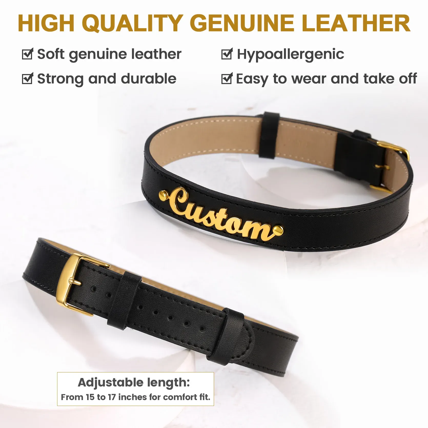 Collier ras-du-cou en cuir personnalisé avec plaque nominative Détail