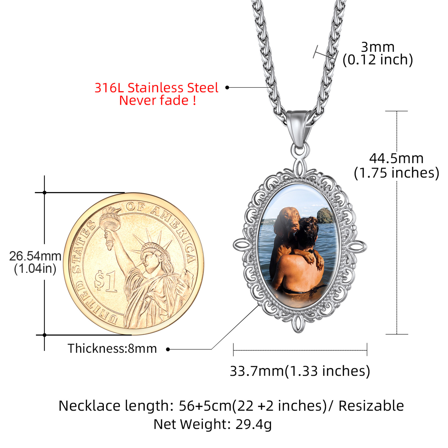 Collier Photo Gravé Personnalisé avec Chaîne en Acier Inoxydable