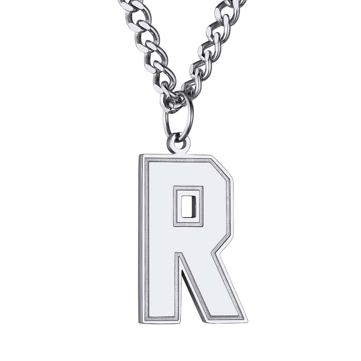 Collier Lettre en Acier Inoxydable avec Chaîne Cuban Link