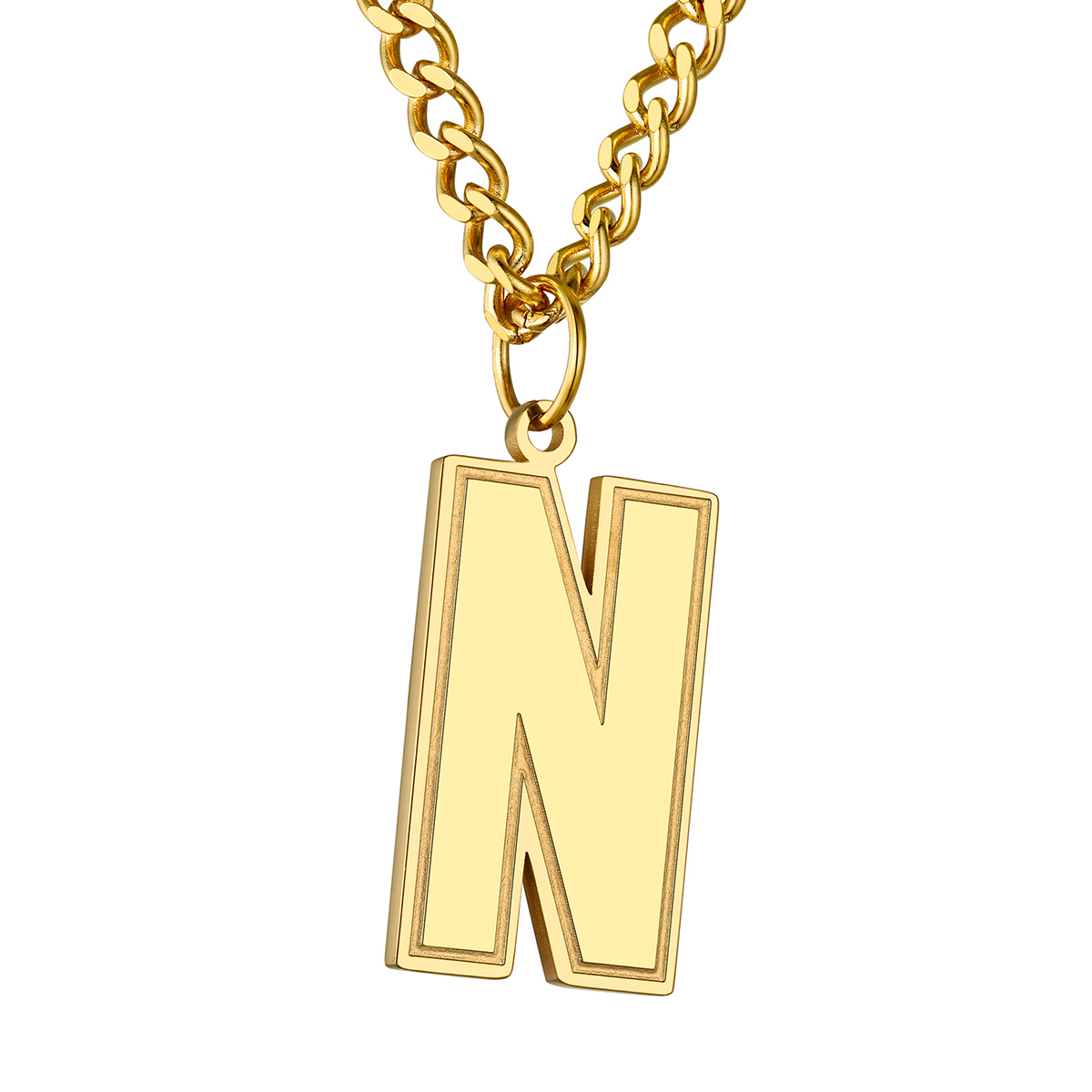 Collier Lettre en Acier Inoxydable avec Chaîne Cuban Link