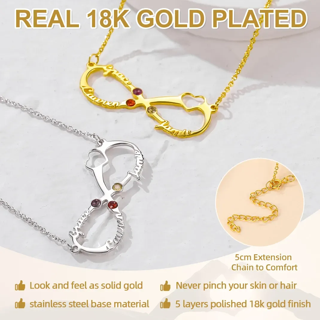 Collier Infini Personnalisé avec 3 Noms et Pierres de Naissance pour Femme Détail