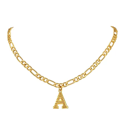 Collier Initiale Plaqué Or 14K avec Chaîne Figaro Or
