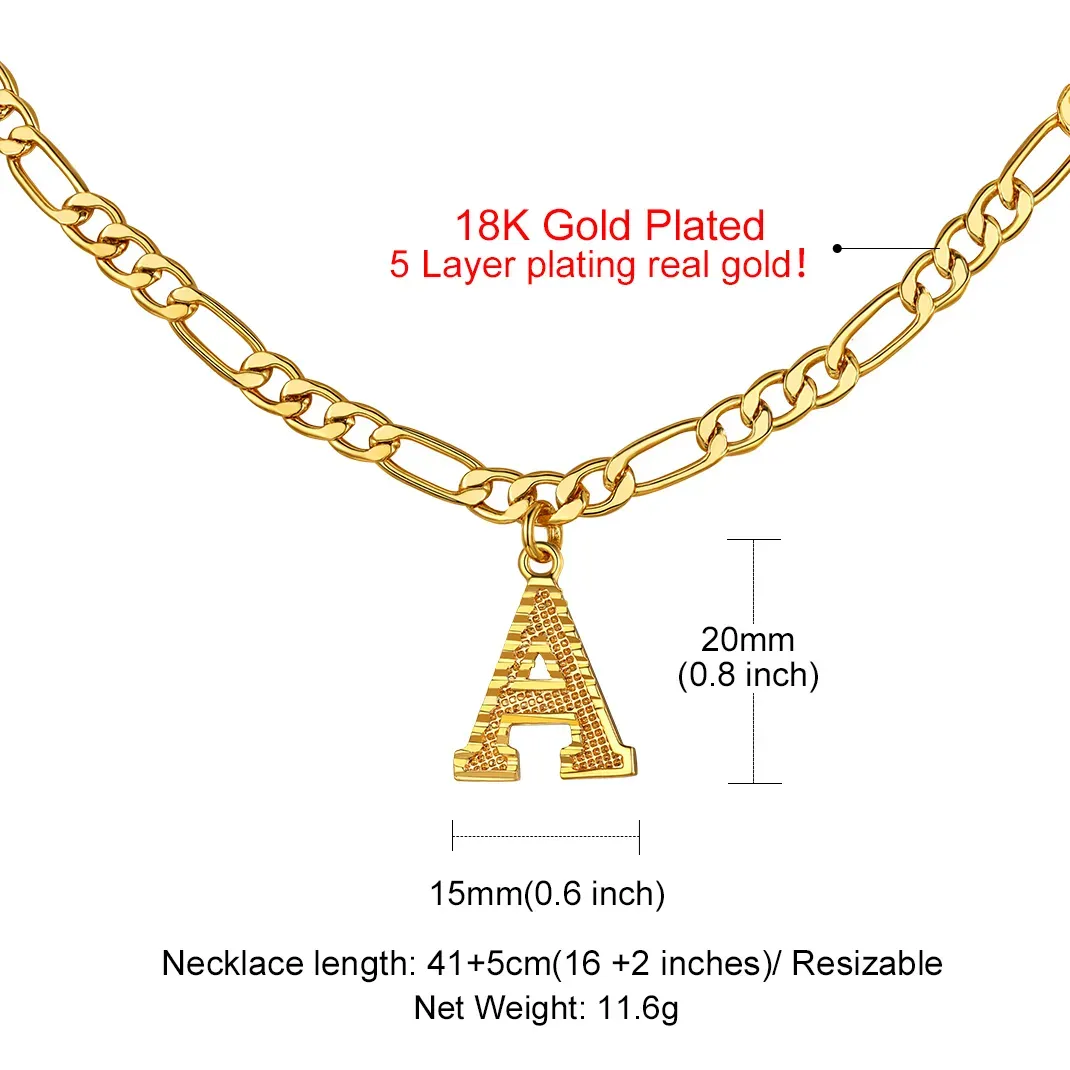 Collier Initiale Plaqué Or 14K avec Chaîne Figaro Taille