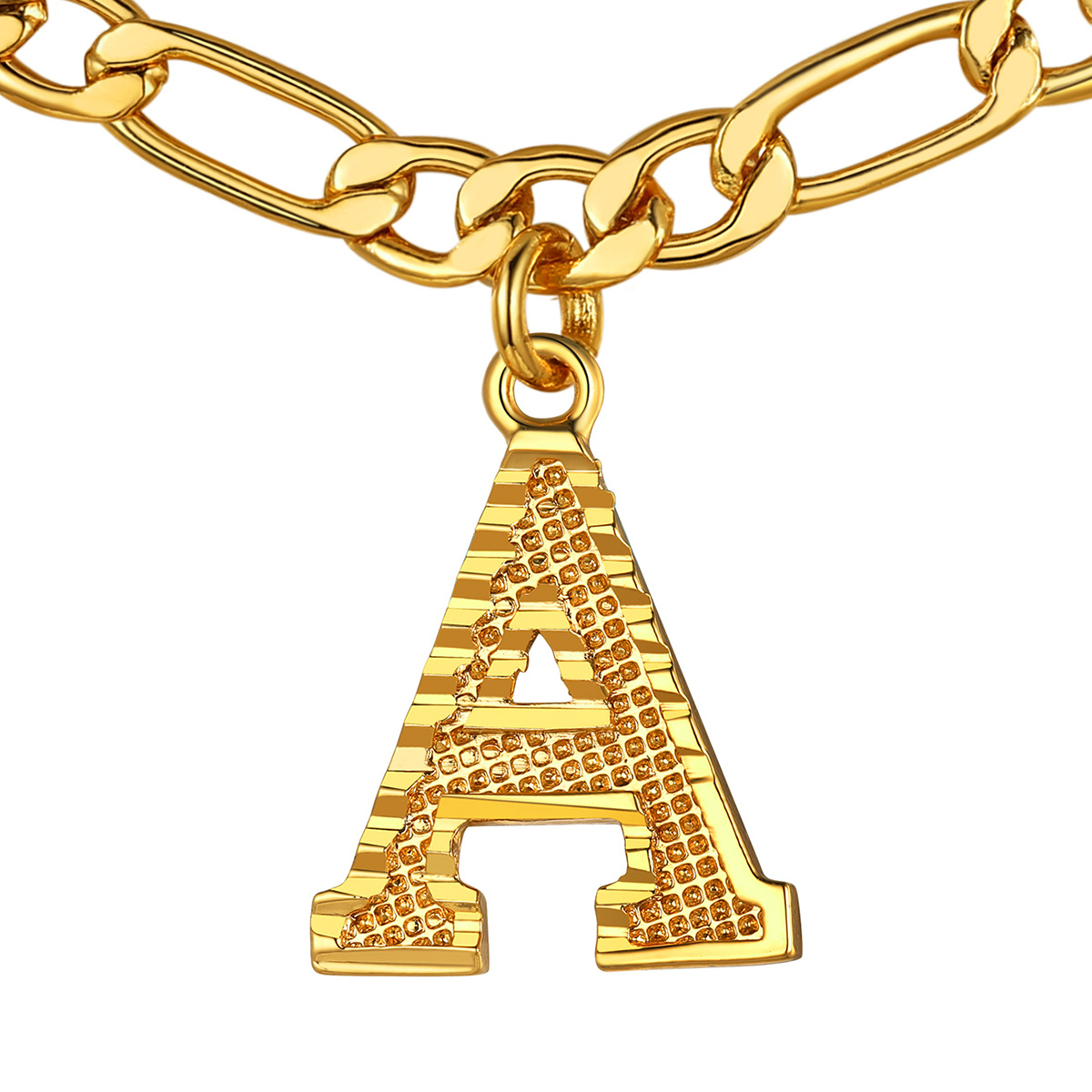 Collier Initiale Plaqué Or 14K avec Chaîne Figaro A