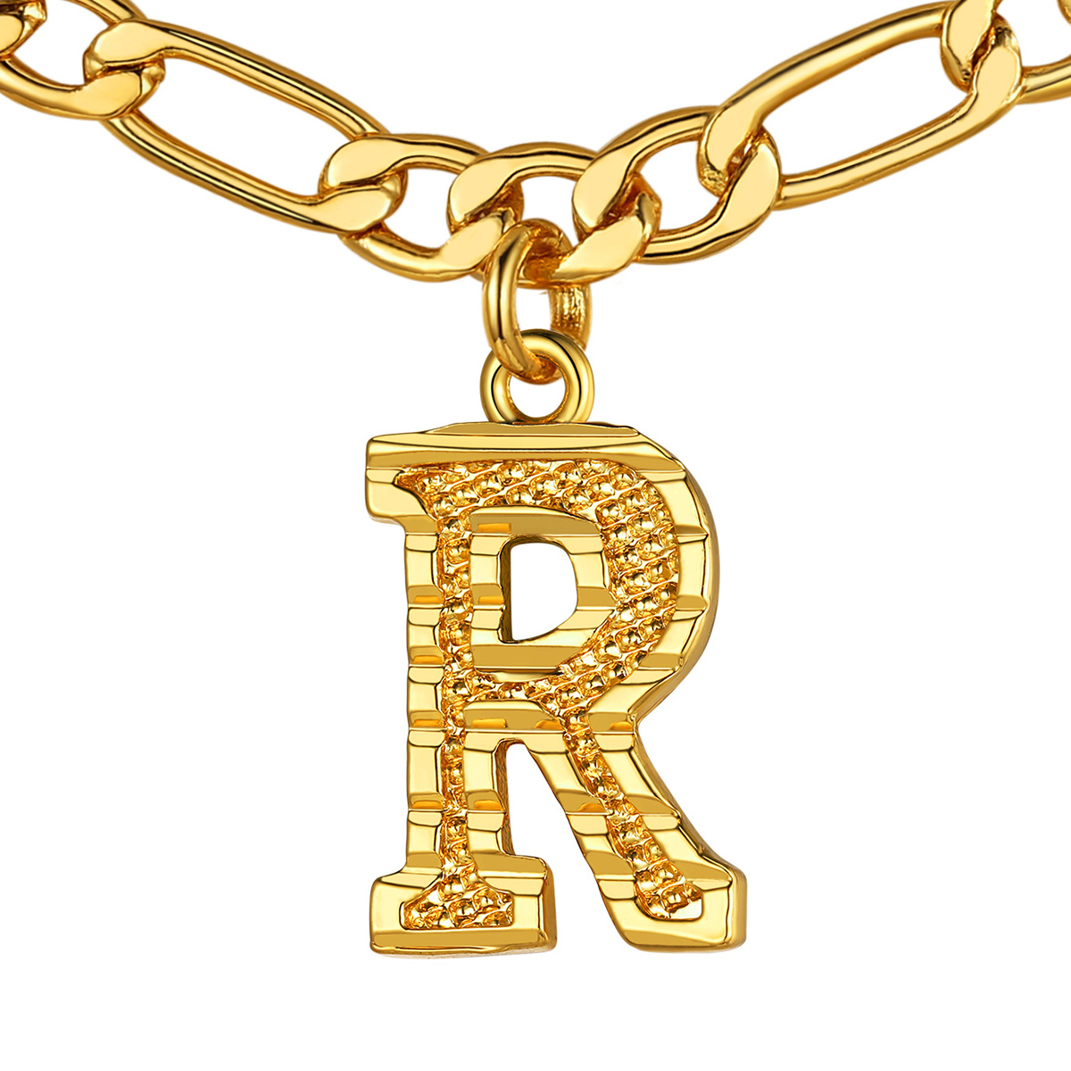 Collier Initiale Plaqué Or 14K avec Chaîne Figaro R