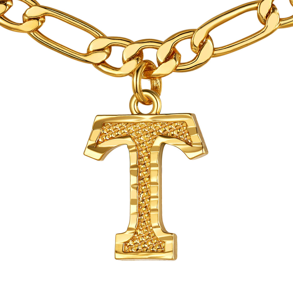 Collier Initiale Plaqué Or 14K avec Chaîne Figaro T