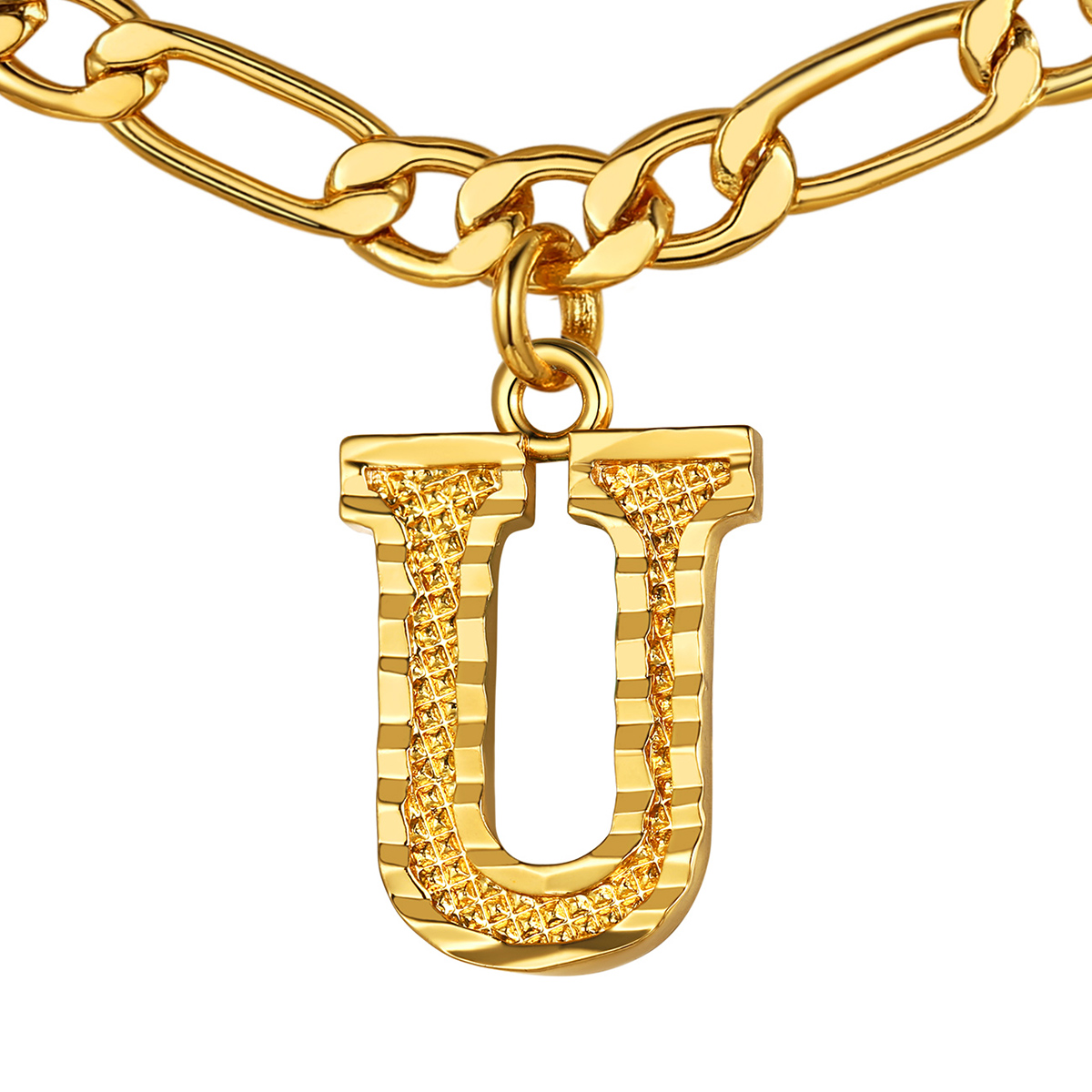 Collier Initiale Plaqué Or 14K avec Chaîne Figaro U