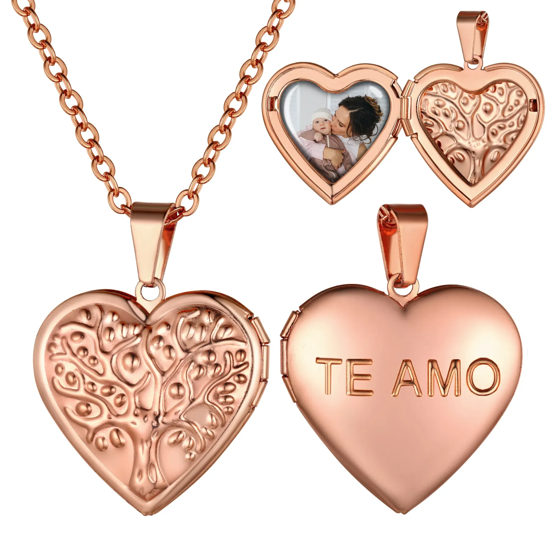 Collier Médaillon Cœur Personnalisé avec Photo pour Femme Or Rose