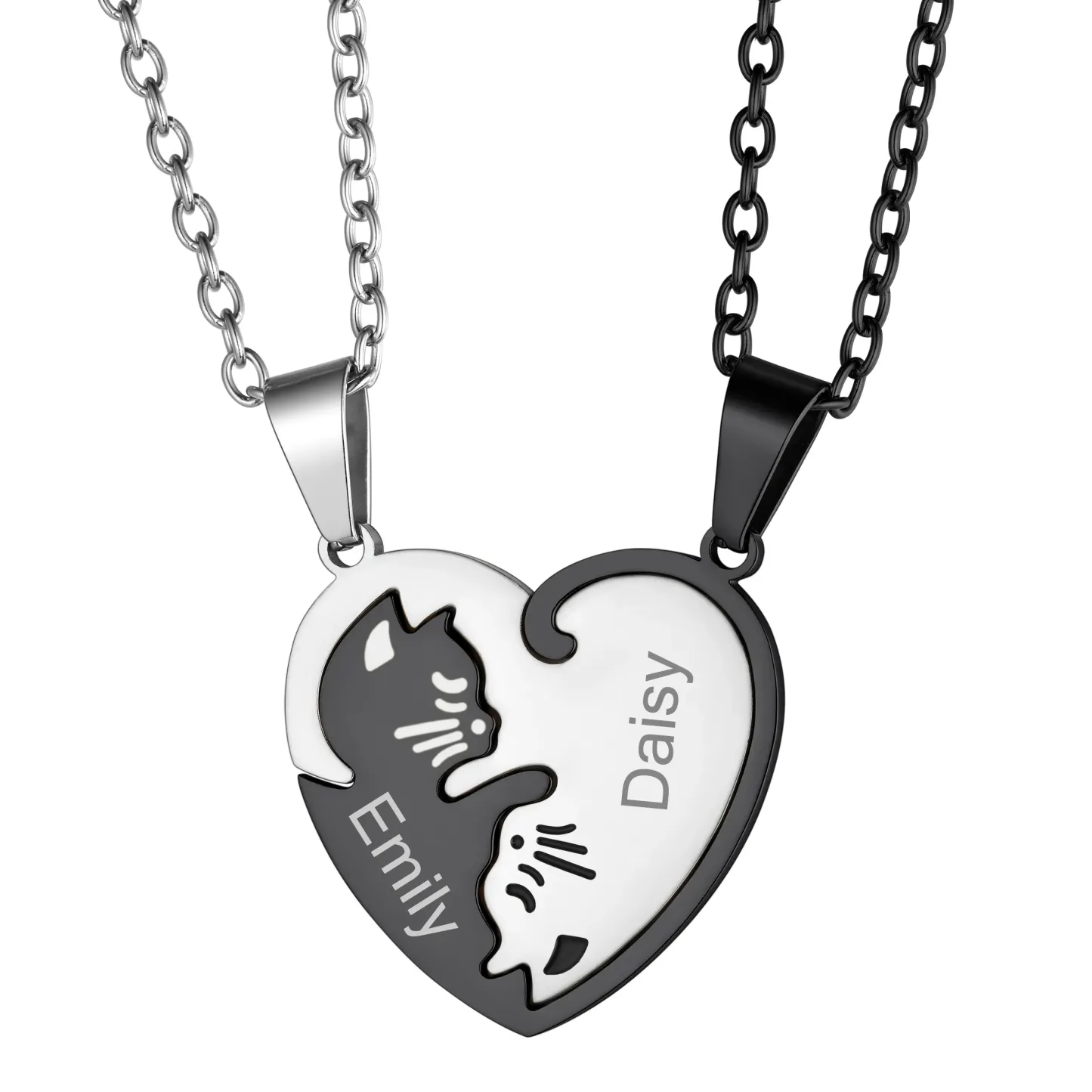Collier Puzzle en Forme de Cœur Chat avec Prénom Gravé pour Couple Noir
