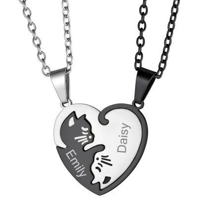 Collier Puzzle en Forme de Cœur Chat avec Prénom Gravé pour Couple Noir