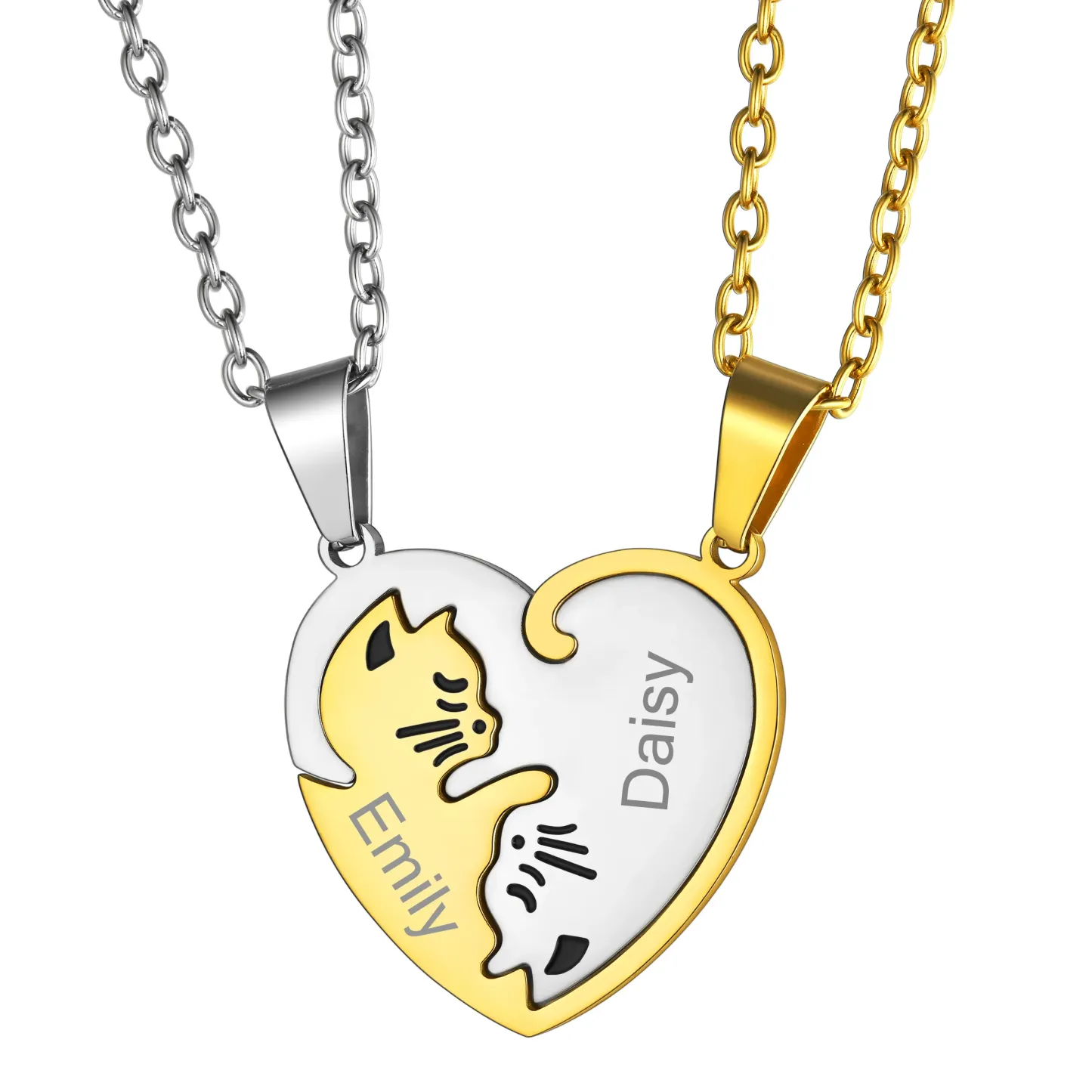 Collier Puzzle en Forme de Cœur Chat avec Prénom Gravé pour Couple Or