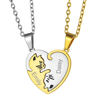 Collier Puzzle en Forme de Cœur Chat avec Prénom Gravé pour Couple Or