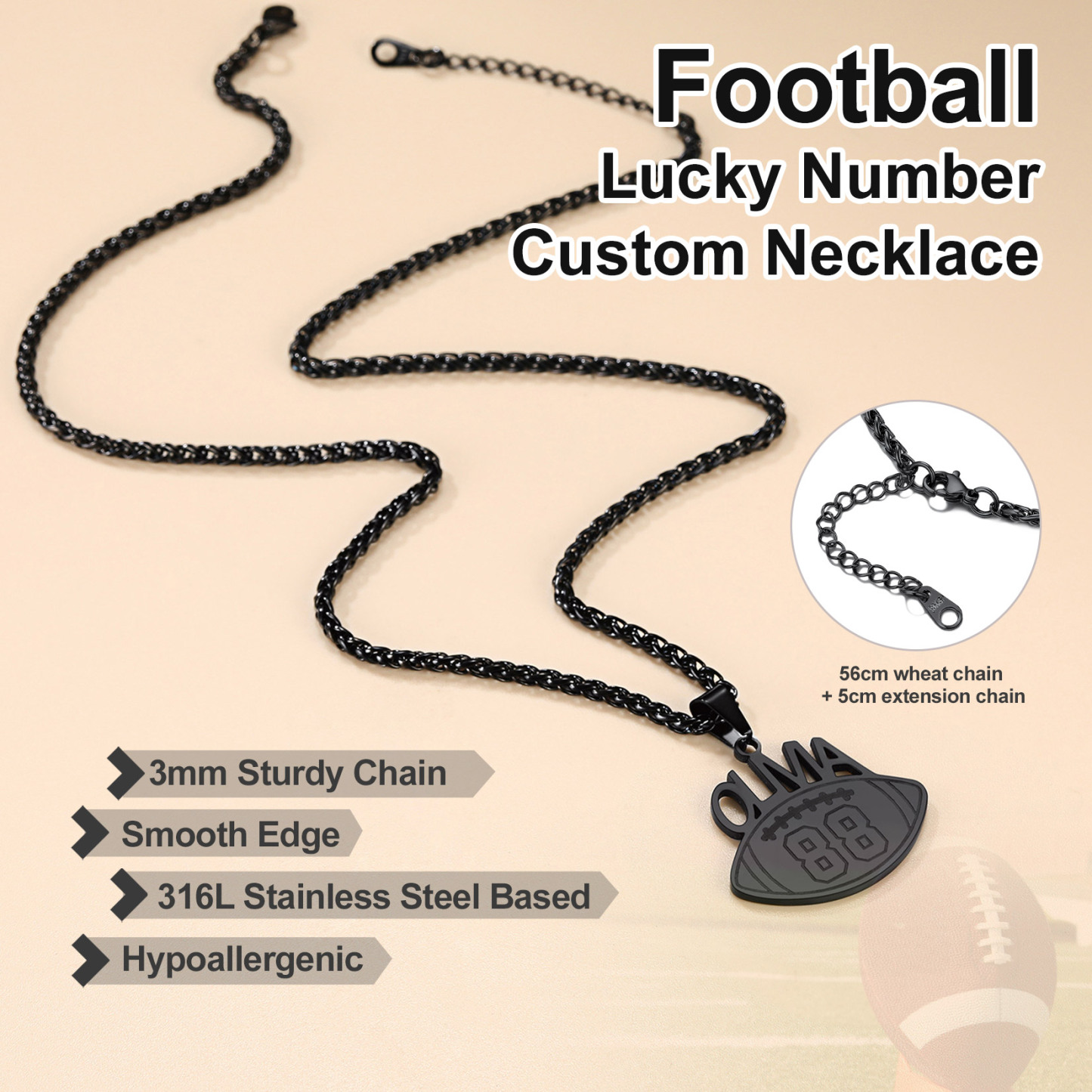  Collier Personnalisé Sport avec Numéro et Chaîne Réglable Détail