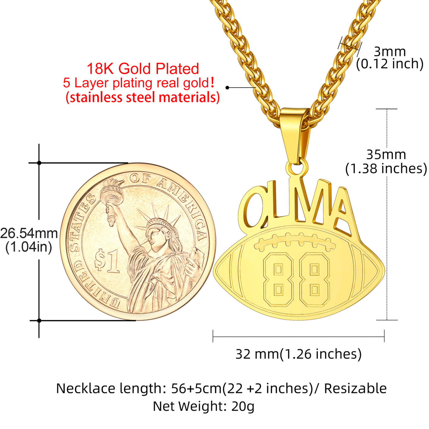  Collier Personnalisé Sport avec Numéro et Chaîne Réglable Rugby