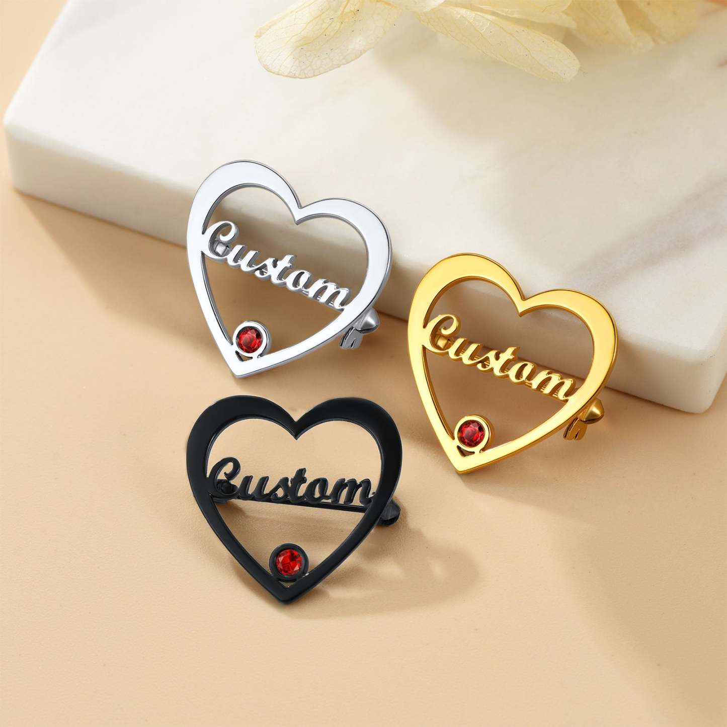 Broche Cœur avec Prénom et Pierre de Naissance Collection