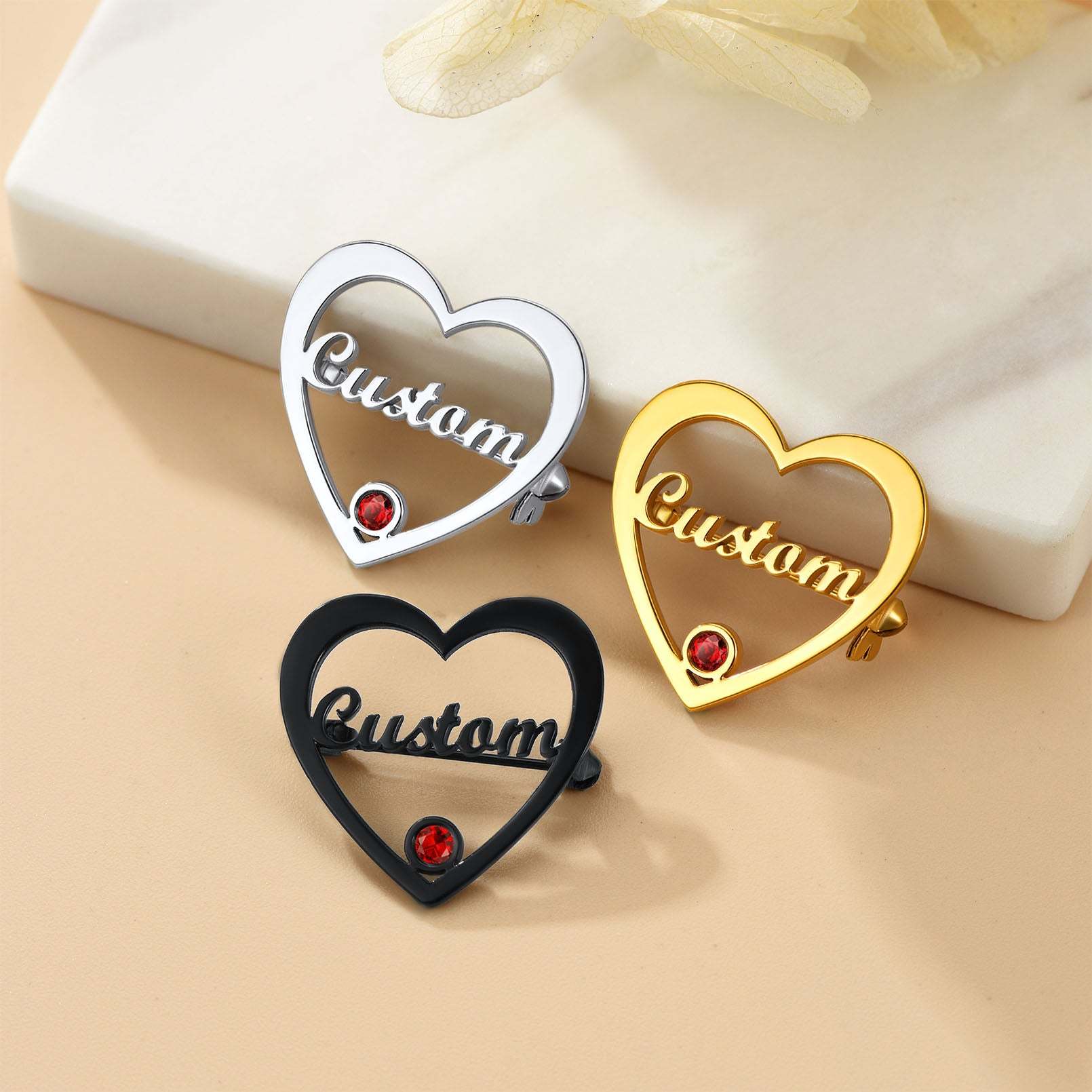 Broche Cœur avec Prénom et Pierre de Naissance Collection