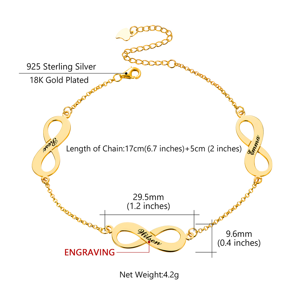 Bracelet de Cheville Personnalisé Infini avec Noms Gravés Taille