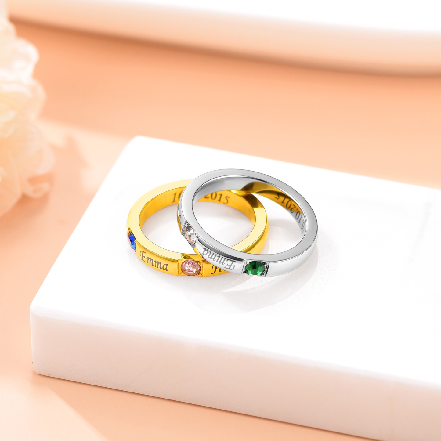 Bague Personnalisée en Argent Sterling avec Pierres de Naissance 2 couleurs