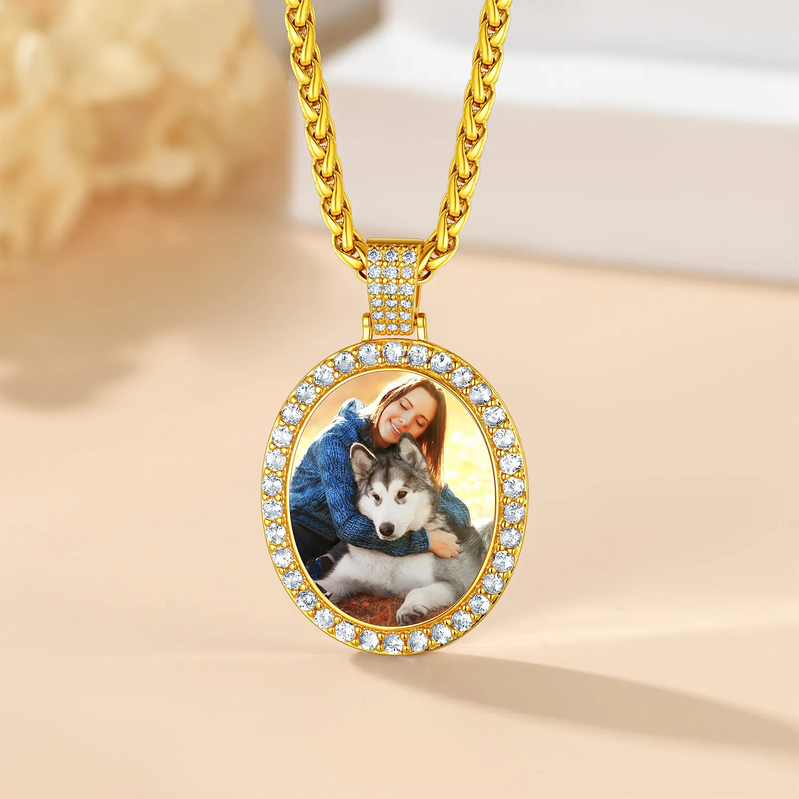 Collier Pendentif Ovale Personnalisé avec Photo pour Hommes et Femmes Or