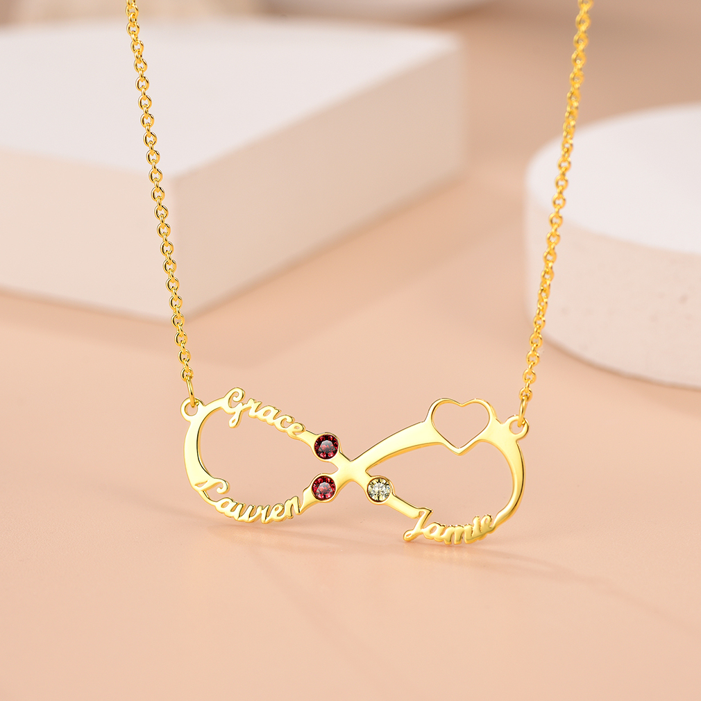 Collier Infini Personnalisé avec 3 Noms et Pierres de Naissance pour Femme Or