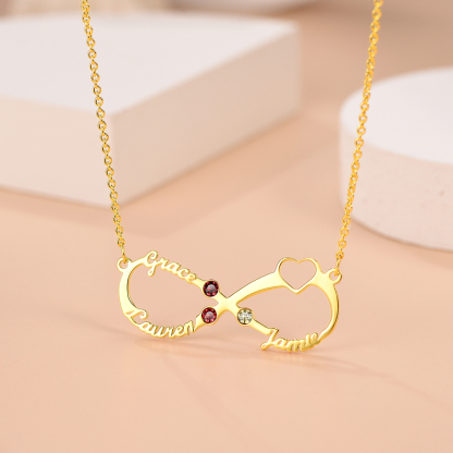 Collier Infini Personnalisé avec 3 Noms et Pierres de Naissance pour Femme Or