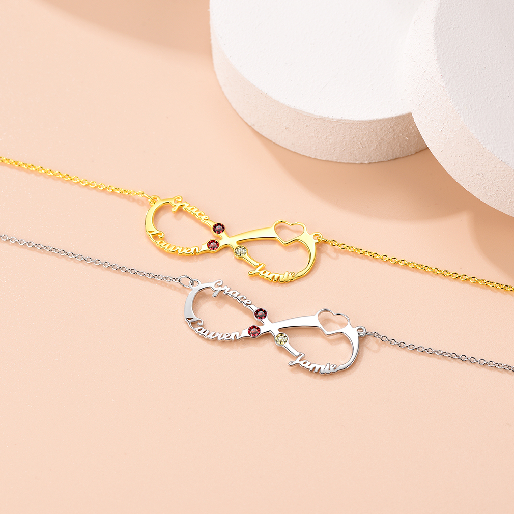 Collier Collection Infini Personnalisé avec 3 Noms et Pierres de Naissance pour Femme