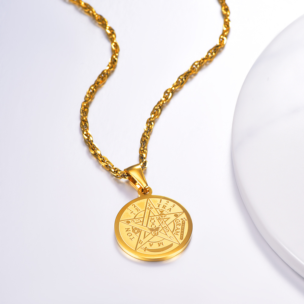 Collier Pentagramme Plaqué avec Pendentif Wiccan Païen Gravé Scène