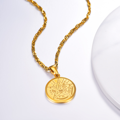 Collier Pentagramme Plaqué avec Pendentif Wiccan Païen Gravé Scène