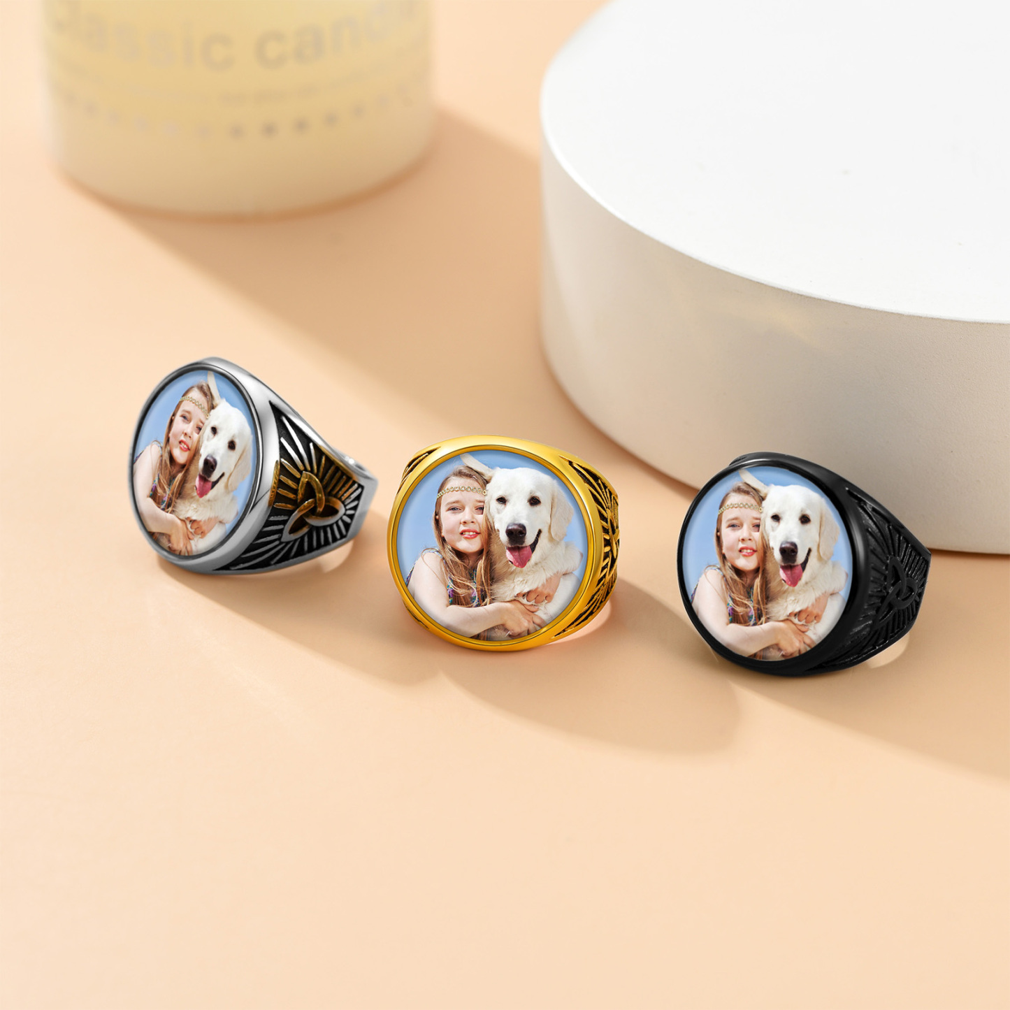 Bague Sceau Ronde Personnalisée en Nœud Celtique avec Photo pour Hommes Collection