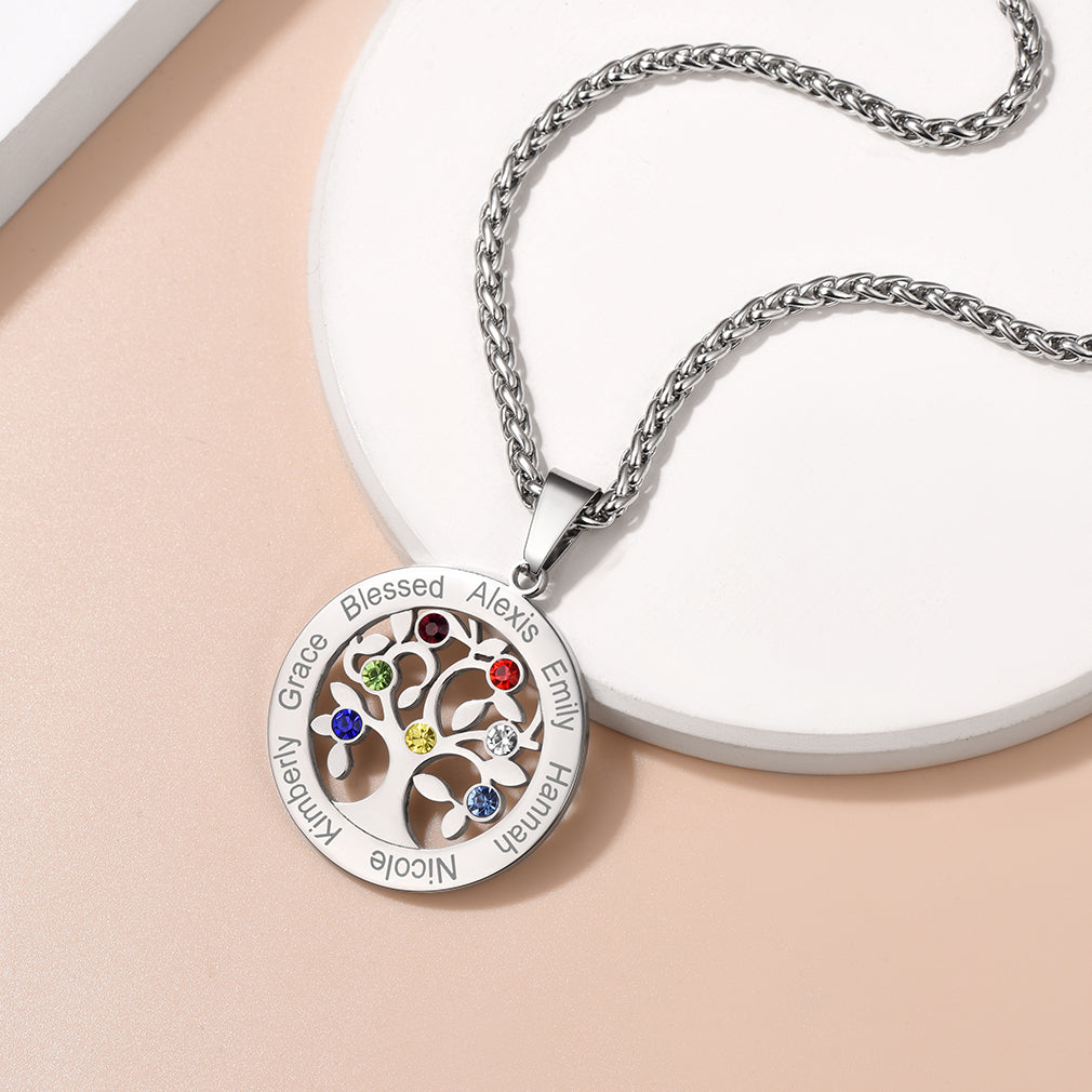 Collier Arbre de Vie avec Pierres de Naissance Personnalisé argenté