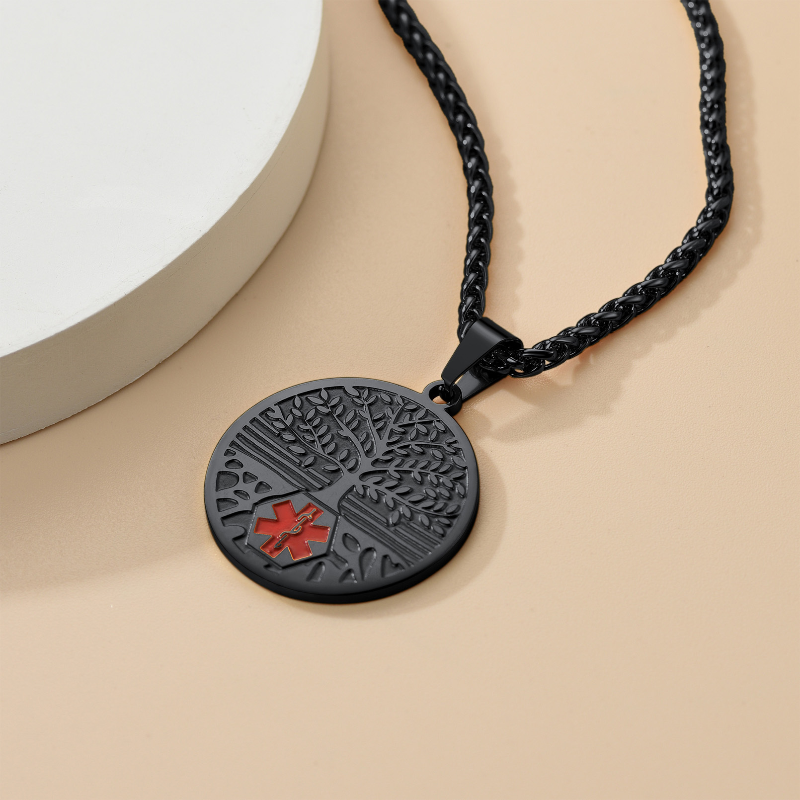 Collier Médical Personnalisé en Acier Inoxydable avec Pendentif d'Urgence Noir