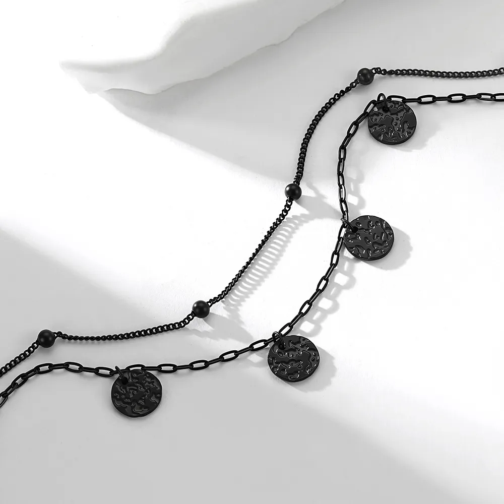 Bracelet Cheville Double Chaîne à Charms Disques Texturés Noir