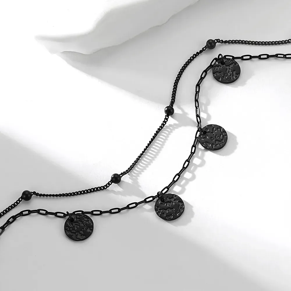 Bracelet Cheville Double Chaîne à Charms Disques Texturés Noir