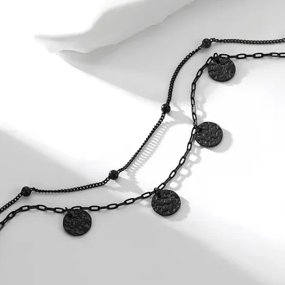 Bracelet Cheville Double Chaîne à Charms Disques Texturés Noir