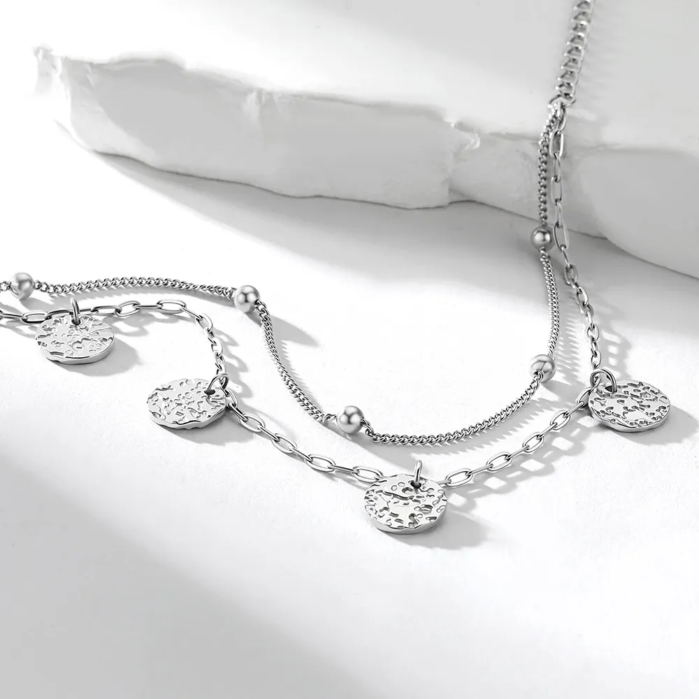 Bracelet de Cheville Double Chaîne à Charms Disques Texturés