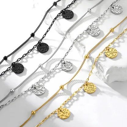 Bracelet de Cheville Double Chaîne à Charms Disques Texturés 3 Couleurs